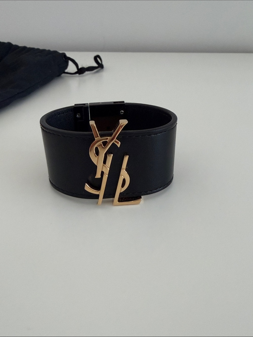 Saint Laurent Black Leather Cuff with Gold YSL Logo